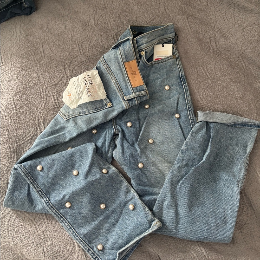 7 For All Mankind Blue Straight Leg Jeans with Pearl Accents